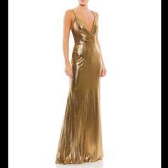 Leena For Mac Duggal Faux Wrap Spaghetti Strap Gown/Dress Bronze/Gold Metallic Size 8 Style # 26408 Striking Metallic Jersey Spaghetti Strap Gown With A Faux-Wrap Bodice, Plunging V-Neckline, And A Floor-Length Skirt With A Sweeping Train. Leena For Mac Duggal Metallic Jersey Fabric (100% Polyester) Fully Lined V-Neck Sleeveless Bust Pads Back Zipper Approx. 62.5" From Top Of Shoulder To Bottom Hem Style #26408 Msrp $338.00 Brand New With Tags From Reputable Wholesaler. It Has The Return Tag Sti Golden Long Dress Gowns Less 50 Dollares, Evening Gowns Gold, Spaghetti Strap Gown, Mac Duggal Dress, Cap Sleeve Gown, Colorful Dresses Formal, Long Slip Dress, Valentines Day Dresses, Long Slip