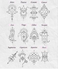 the zodiac signs and their meanings are shown in black ink on white paper with pink accents