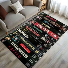 a living room area rug with various movie posters on it