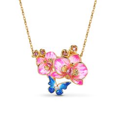 This enamel sterling silver necklace is designed with elegant pink phalaenopsis and blue butterfly elements, it seems that people can see the butterflies dancing in the flowers. Elegantly crafted in polished sterling silver, this lovely necklace showcases a soft sheen and a smooth outline. It is the perfect symbol of your love. This enamel necklace is the missing piece in your everyday collection. Why not add some to your jewelry box with beautiful enamel jewelry?Carat Weight: 0.501 ctStone Size Fuchsia Necklace, Big Wedding Rings, Garden Butterfly, Artistic Earrings, Dreamy Garden, Jewelry Gift Ideas, The Missing Piece, Phalaenopsis Orchid, Jewelry Accessories Ideas