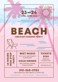 the beach flyer is shown with palm trees