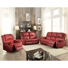 red leather living room furniture set with recliners and loveseat in front of large window