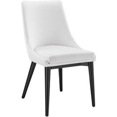 a white upholstered chair with black legs