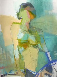 an abstract painting of a woman in blue and yellow colors with her back to the camera