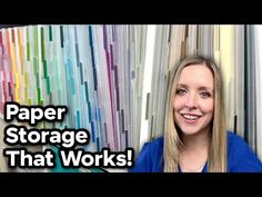 a woman standing in front of stacks of papers with the words paper storage that works