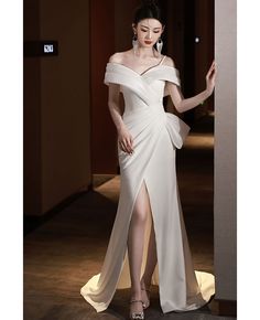 Get 10% off now! Buy elegant off shoulder white formal dress with split at cheap price online. Free stable shipping and pro custom service since 2009. White Asymmetrical Evening Dress For Gala, White Gown With Asymmetrical Neckline For Party, White Gown With Asymmetrical Neckline For Evening, White Evening Dress With Asymmetrical Neckline For Prom, White Evening Dress With Asymmetrical Neckline, White Off-shoulder Gown For Banquet, Elegant White Off Shoulder Party Dress, Elegant White Gown With Asymmetrical Neckline, One-shoulder White Formal Gown