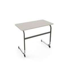 a small white table with wheels on the bottom and one leg raised up to it's side