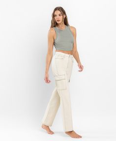 Indulge in the luxury of our Ecru 90's Super High Rise Slim Wide Cargo Jeans. Crafted with comfort stretch denim, these full length jeans feature a super high rise waist for a flattering silhouette. The utility cargo adds a touch of functionality to the vintage inspired 90's slim wide style. 90s Style Jeans, Utility Cargo Pants, Cream Cargo Pants, Full Length Jeans, Denim Cargo Pants, Jeans Models, Dad Jeans, Cargo Jeans, Contemporary Fashion