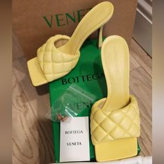 Intrecciato Weave Leather Slides Size 38 Bottega Veneta Leather Slides Yellow Intrecciato Weave Includes Box, Dust Bag Luxury Yellow Heels With Padded Heel, Designer Yellow Heels With Branded Insole, Yellow Leather Square Toe Heels, Designer Yellow Leather Heels, Designer Yellow Heels, Bottega Veneta Shoes, Cream Yellow, Yellow Cream, Yellow Leather