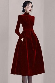 Long Sleeve Prom Dresses, Sleeve Prom Dresses, Velvet Long Sleeve Dress, Turtleneck Midi Dress, Long Sleeve Velvet Dress, Long Sleeve Prom, Red Velvet Dress, A Line Prom Dresses, Prom Dresses With Sleeves