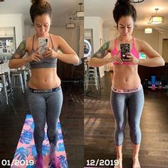 two women standing on yoga mats looking at their cell phones in the same photo, one with her phone