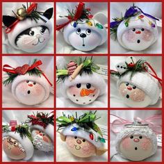 many different pictures of snowmen with hats and scarves