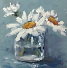 a painting of daisies in a glass vase