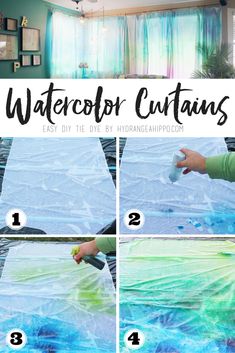 instructions for how to make watercolor curtains with tissue paper and glue on the window sill