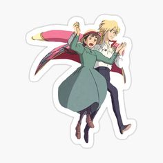 two people flying in the air with their arms around each other and one person holding an umbrella