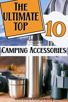 background close up of camping thermos, travel mug, binoculars and camera Camping Accessories Gadgets, Oil Lantern, Camping Supplies, Heat Resistant Glass, Camping Stove