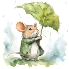 a watercolor painting of a mouse holding a green umbrella in the rain with it's front paws