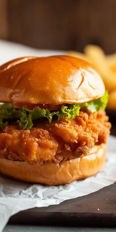 a fried chicken sandwich with lettuce and tomato sauce on a piece of wax paper