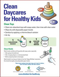 a poster with instructions on how to clean daycares for healthy kids, including cleaning and disinfection