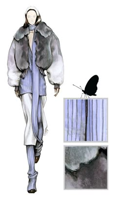 a drawing of a woman in a fur coat and pants with a bird on the runway