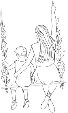 a mother and son sitting on a swing with flowers in the background, coloring page