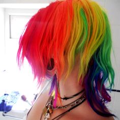 Rainbow hair Rainbow Hair Placement, Rainbow Wolfcut, Scene Rainbow Hair, Rainbow Hair Aesthetic, Hair Dye Ideas Curly Hair, Rainbow Hair Underneath, Rainbow Ponytail, Short Rainbow Hair, Rainbow Hair Color