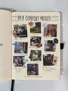 an open book with pictures and words on it that says, my comfort movies written in cursive writing