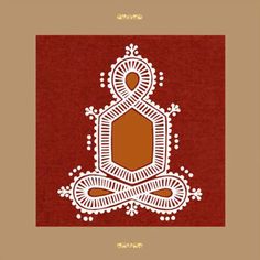 an intricately designed red and brown frame with a white design on the bottom corner