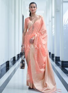 Peach Mukaish Weaved Modal Silk Saree Drapping Saree, Pola Blus, Salmon Peach, Peach Saree, Kora Silk Sarees, Light Peach Color, Elegant Embroidery, Art Silk Sarees, Fancy Blouses