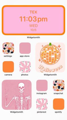 an orange and pink poster with images of different things in the background, including a skeleton