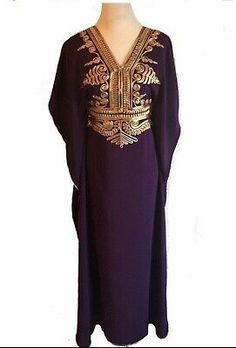 Great Shopping Dark Purple Moroccan Abaya Kaftan Cotton Maxi Dress With Gold Embroidery One Siz, Summer clothing Embellished Fitted Long Abaya, Festive Embroidered V-neck Thobe, Embroidered Kaftan For Eid Parties, Embroidered Party Kaftan For Eid, Eid Party Embroidered Kaftan, Embellished Fitted Maxi Abaya, Embellished Fitted Maxi Length Abaya, Festive Embroidered Fitted Abaya, Fitted Long Thobe For Eid