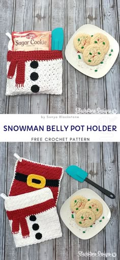 crocheted snowman belly pot holder is shown on a wooden table with two plates and spoons