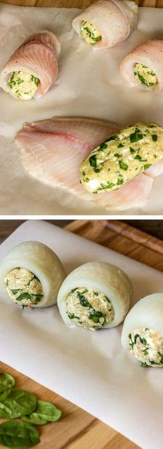 the process of making bread with spinach leaves and cheese on it is shown in two pictures