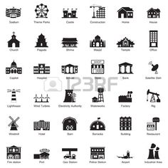 black and white icon set of different types of buildings, windmills and other things