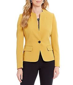 Kasper One-Button Crepe Jacket Modern Spring Career Outerwear, Modern Career Outerwear For Spring, Classic Formal Outerwear With 3/4 Sleeves, Fitted Formal Outerwear With 3/4 Sleeves, Chic Fitted Blazer With 3/4 Sleeve, Fitted Fall Blazer With 3/4 Sleeves, Elegant 3/4 Sleeve Outerwear For Fall, Fitted Spring Outerwear For Work, Spring Career Outerwear With Long Sleeves