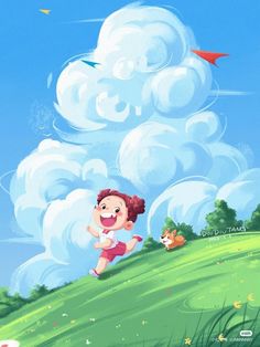 a cartoon girl running in the grass with a red kite above her head and clouds behind her