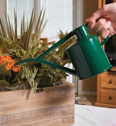 a person holding a watering can over a planter filled with flowers and greenery