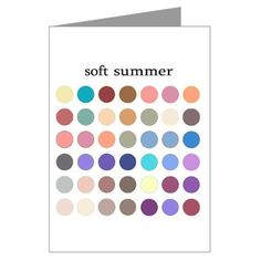 a greeting card with the words soft summer in different colors on it and an image of circles