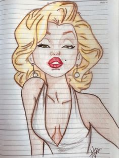 a drawing of a woman with blonde hair and red lipstick on top of a notebook