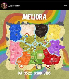 a map of meliora with the names and colors on it's sides