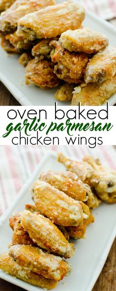 oven baked garlic parmesan chicken wings on a white plate with text overlay