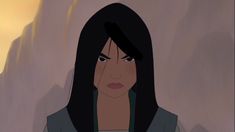 an animated woman with long black hair standing in front of a desert landscape and looking at the camera