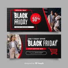 two black friday sale banners with woman and man on the street in front of a brick wall