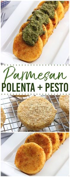 panmegran polenta and pesto on a white plate with text overlay