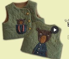 two vests with bears on them and one has a bear in the pocket, while the