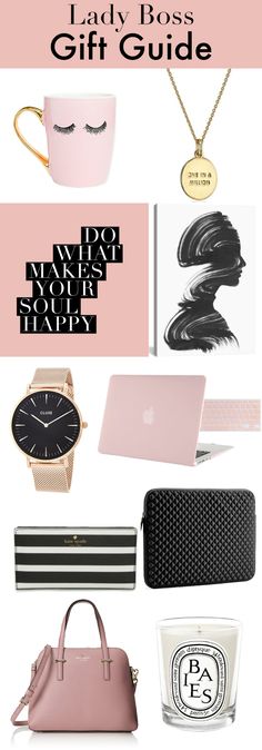 a pink and black gift guide for women with text that reads, lady boss gift guide