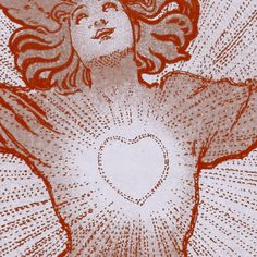 a drawing of a woman with wings and a heart on her chest in red ink