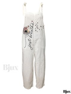 Bjux - Dandelion & Letter Printed Spaghetti Strap Jumpsuit: Stylish Womens Casual Wear for Spring & Summer Summer Floral Print Cotton Overalls, White Cotton Jumpsuits And Rompers With Floral Print, Casual White Summer Overalls, White Sleeveless Overalls For Spring, White Printed Overall Jumpsuits And Rompers, Sleeveless White Cotton Overalls, Spring Printed Jumpsuits And Rompers With Spaghetti Straps, White Jumpsuits And Rompers With Spaghetti Straps For Spring, White Spaghetti Straps Jumpsuits And Rompers For Spring