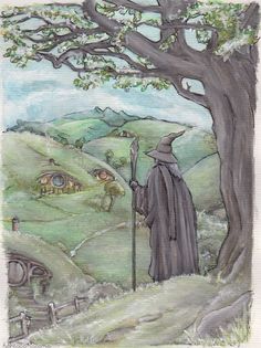 a drawing of a wizard standing in front of a tree