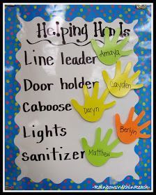 a bulletin board with handprints on it and the words helping him is line leader, door holder, caboose, light switch, sanitizer